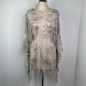 Origami by Vivien Open Knit Poncho With Fringe and Sequins Size F(One Size) boho
